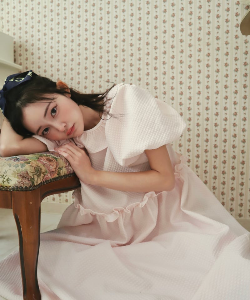 Jacquard puff milky pink dress | Little World