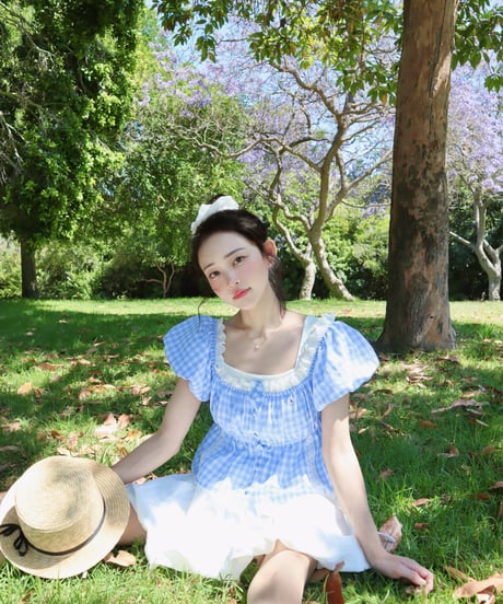 Candy gingham puff sleeve blouse (blue)