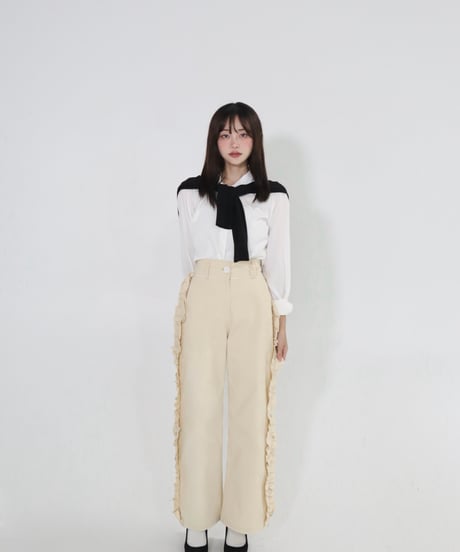 Side ruffle wide pants (beige)