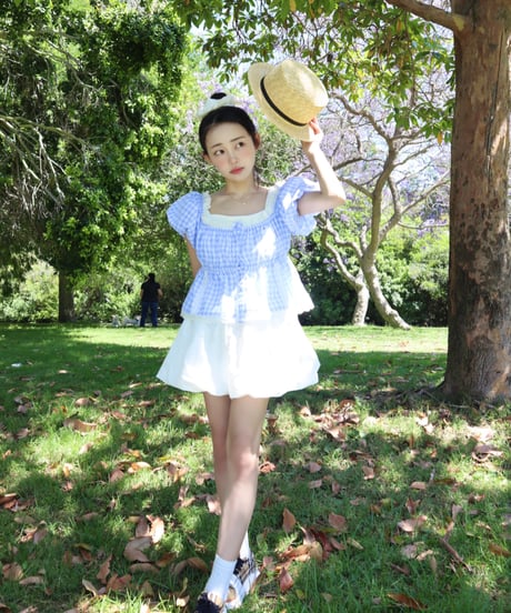 Candy gingham puff sleeve blouse (blue)