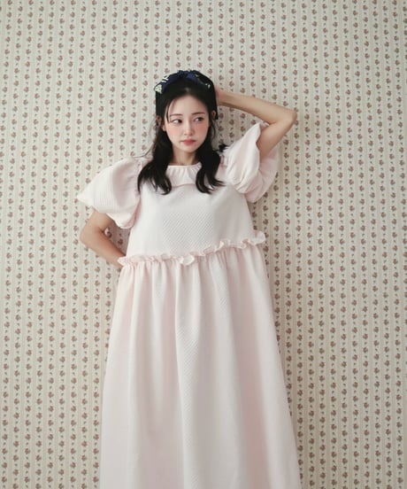 Jacquard puff milky pink dress