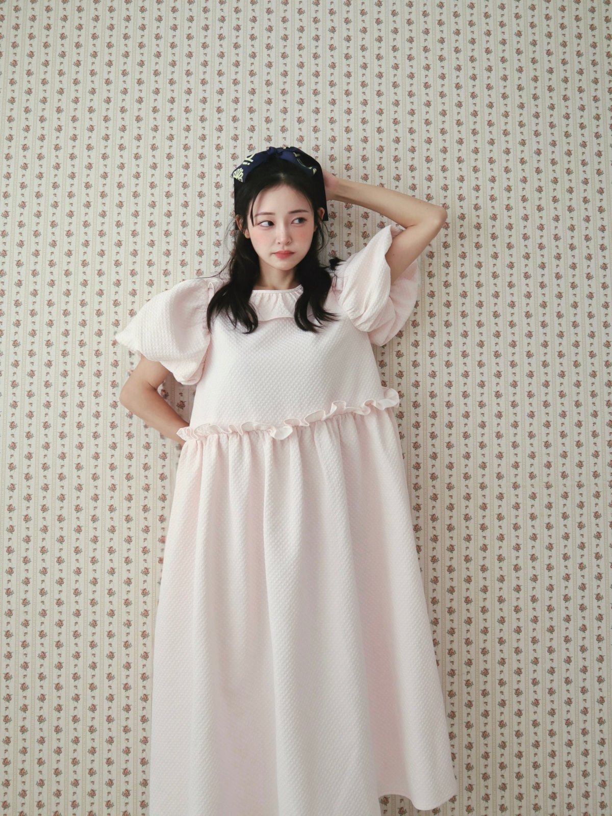 Jacquard puff milky pink dress | Little World