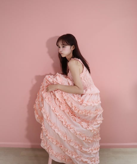 【予約商品】LW Frill lined plaid cake dress (pink)