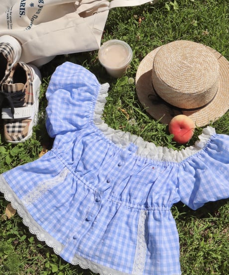 Candy gingham puff sleeve blouse (blue)