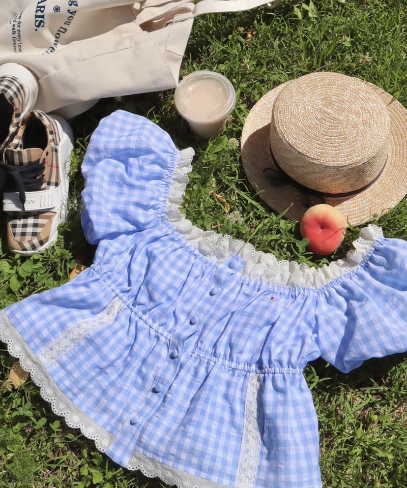 Candy gingham puff sleeve blouse (blue) | Littl Candy gingham puff sleeve blouse (blue) | Littl