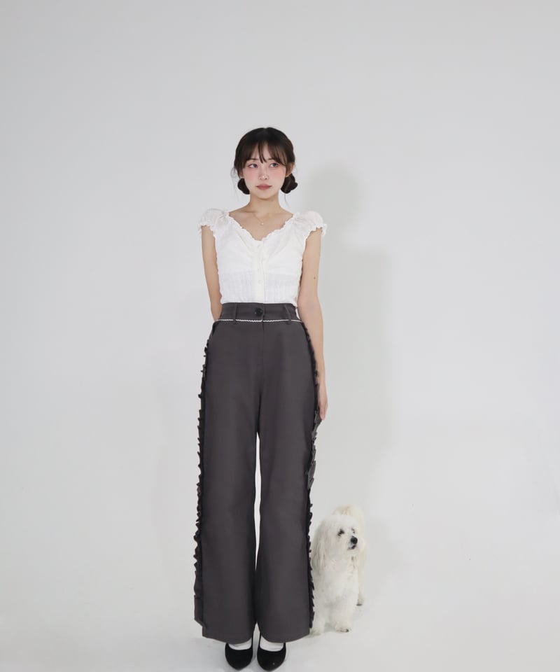Side ruffle wide pants (grey) | Little World