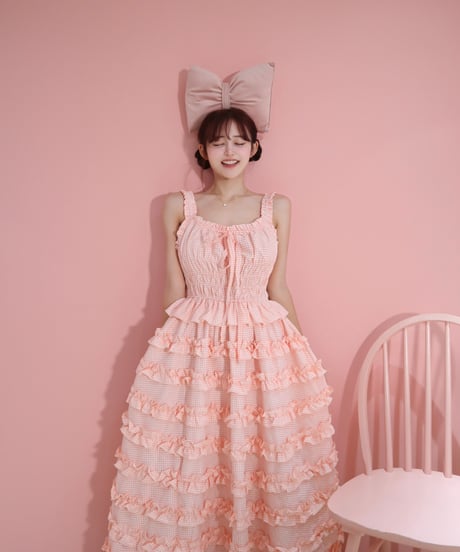 【予約商品】LW Frill lined plaid cake dress (pink)
