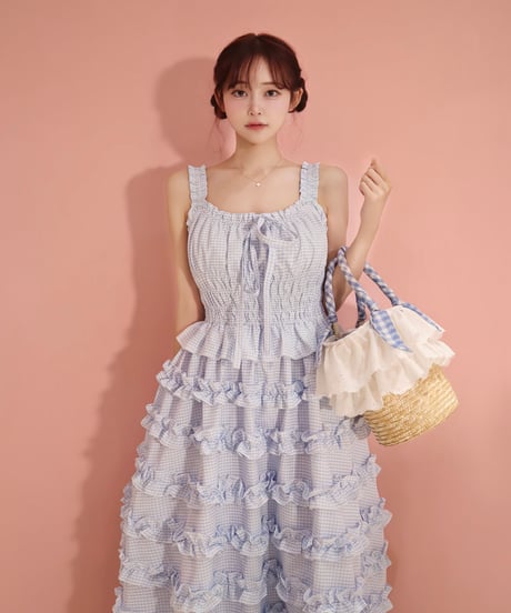 LW Frill lined plaid cake dress (blue)