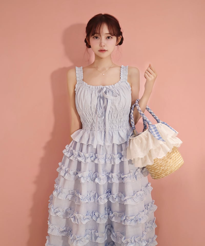 Lumignon Lace frill back ribbon dres ブルー カラードレス 編み上げ ブルー 青 リボン ロングドレス 結婚式 二次会