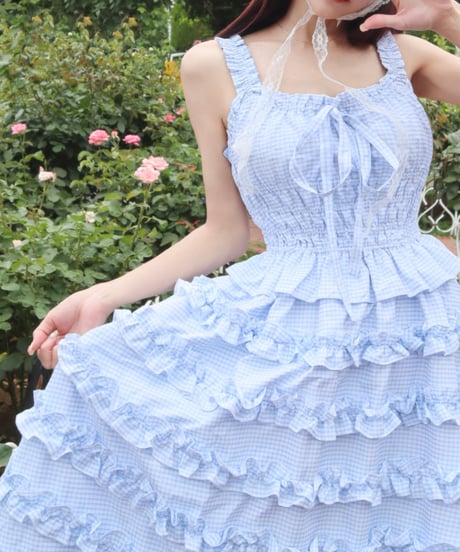 LW Frill lined plaid cake dress (blue)