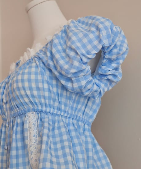 Candy gingham puff sleeve blouse (blue)