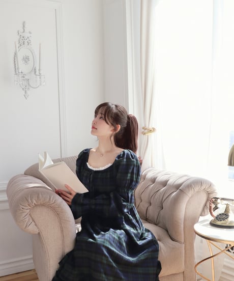 Puff sleeves royal tartan cotton dress