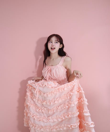 【予約商品】LW Frill lined plaid cake dress (pink)
