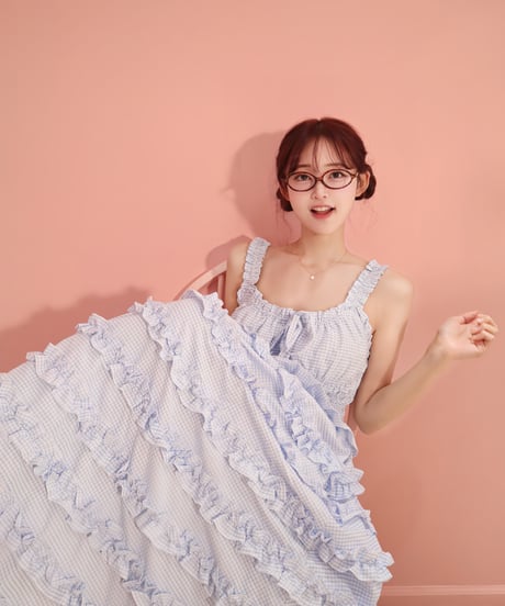 LW Frill lined plaid cake dress (blue)