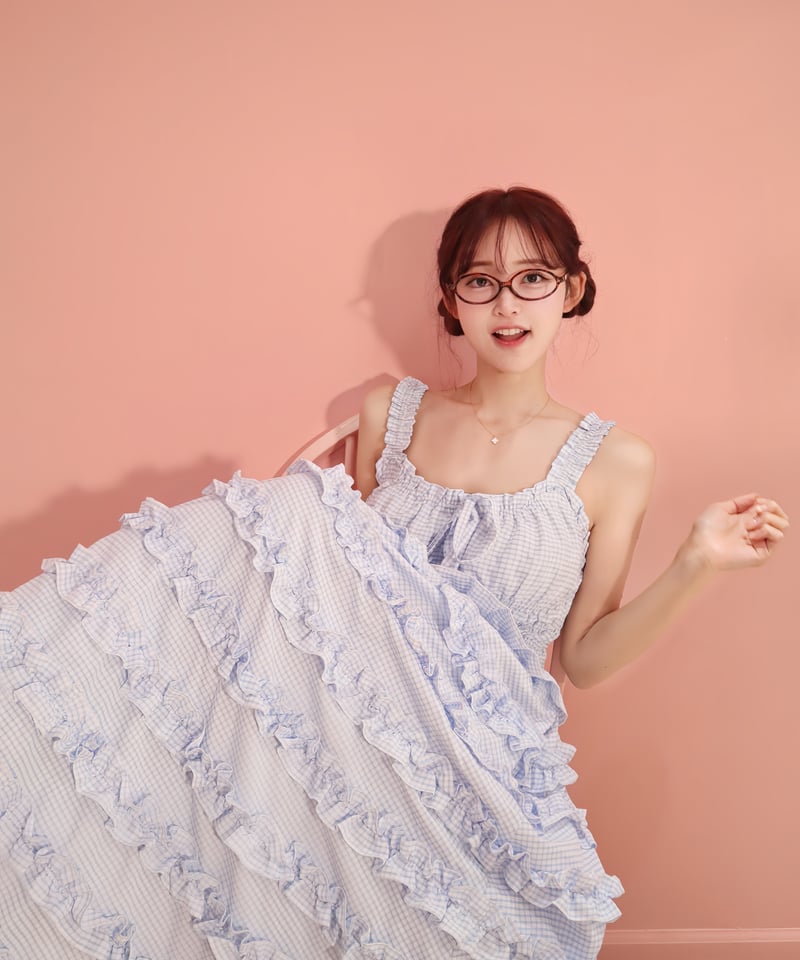 LW Frill lined plaid cake dress (blue) | Little