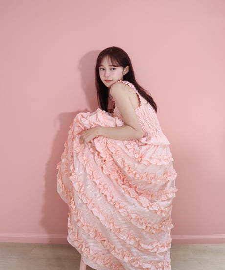 【予約商品】LW Frill lined plaid cake dress (pink)