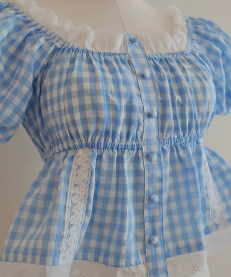 Candy gingham puff sleeve blouse (blue)