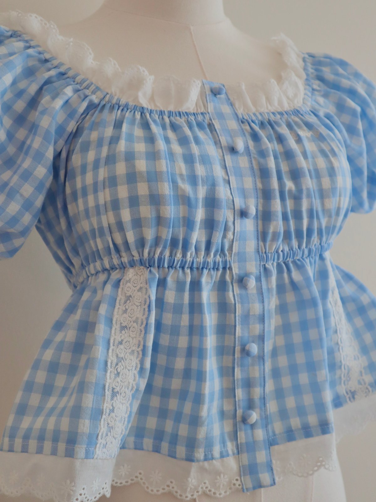 Candy gingham puff sleeve blouse (blue) | Littl