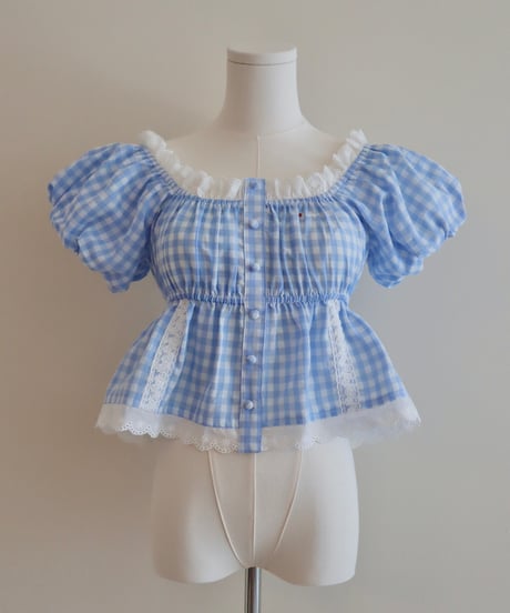 Candy gingham puff sleeve blouse (blue)