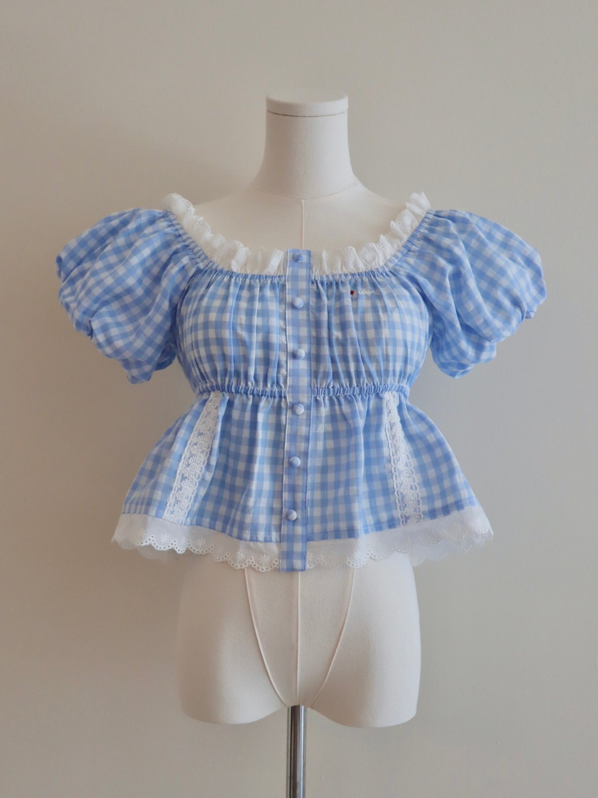 Candy gingham puff sleeve blouse (blue) | Littl