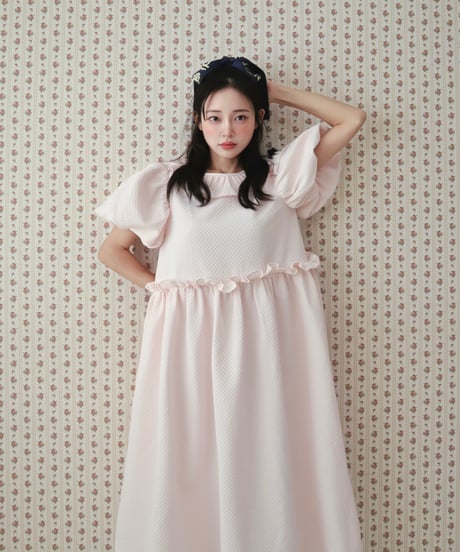 Jacquard puff milky pink dress