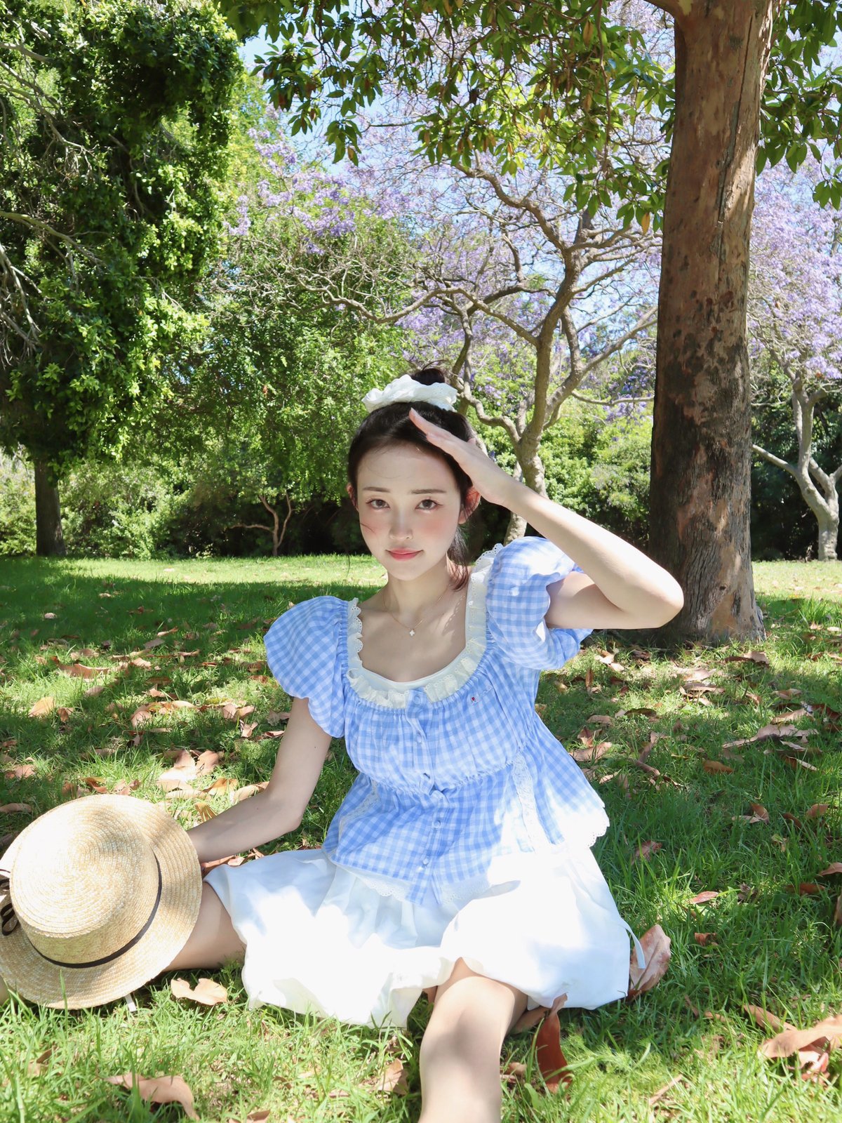 Candy gingham puff sleeve blouse (blue) | Littl