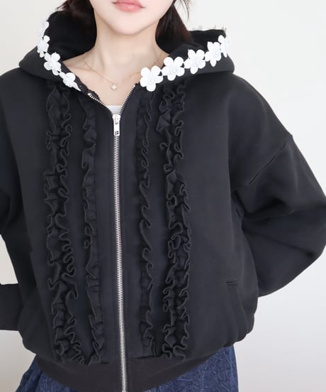 LW flower trim ruffle hoodie