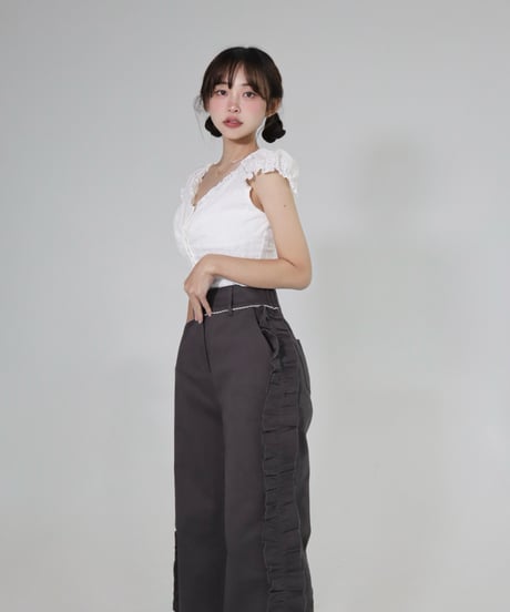 Side ruffle wide pants (grey)