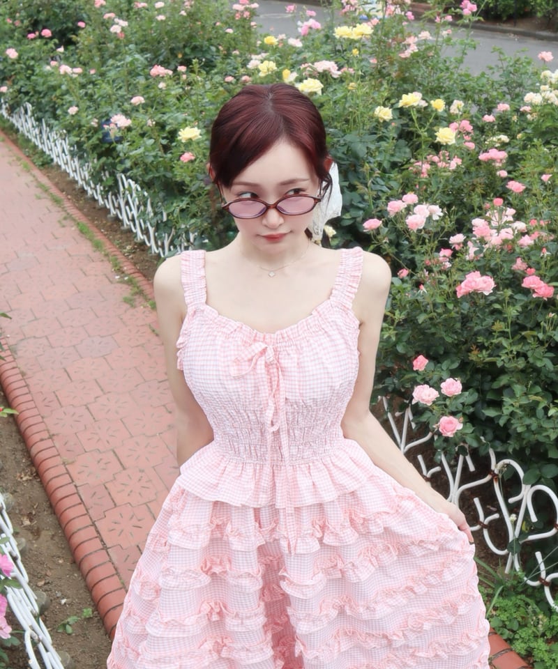 ひなちゃそ Frill vest pencil dress 予約商品】LW Frill lined plaid cake dress (pink) |