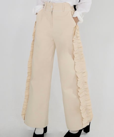 Side ruffle wide pants (beige)
