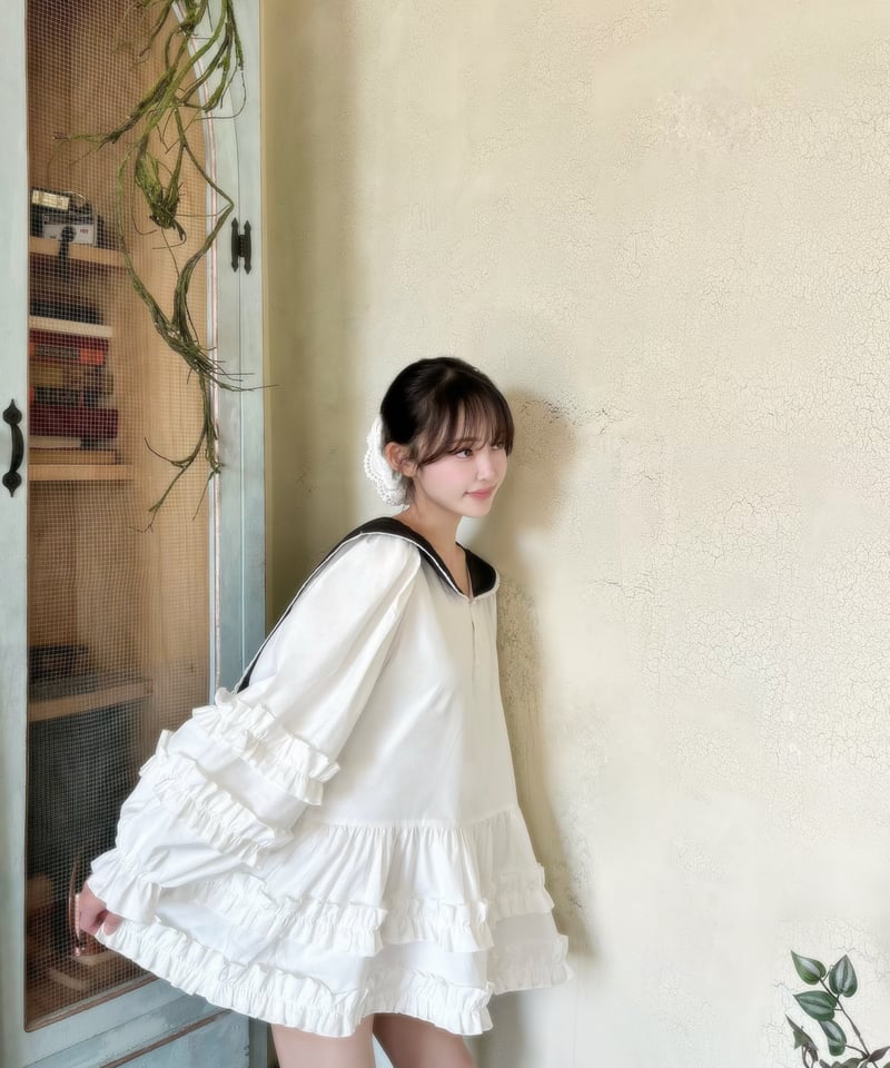 FORFORMO フォルフォルモ Frill Blouse ブルー38 Long Sleeve Square Neck Frill Blouse (TC Broadcloth