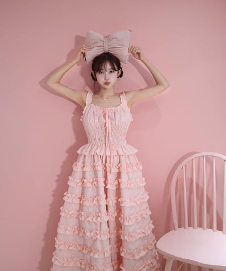 【予約商品】LW Frill lined plaid cake dress (pink)