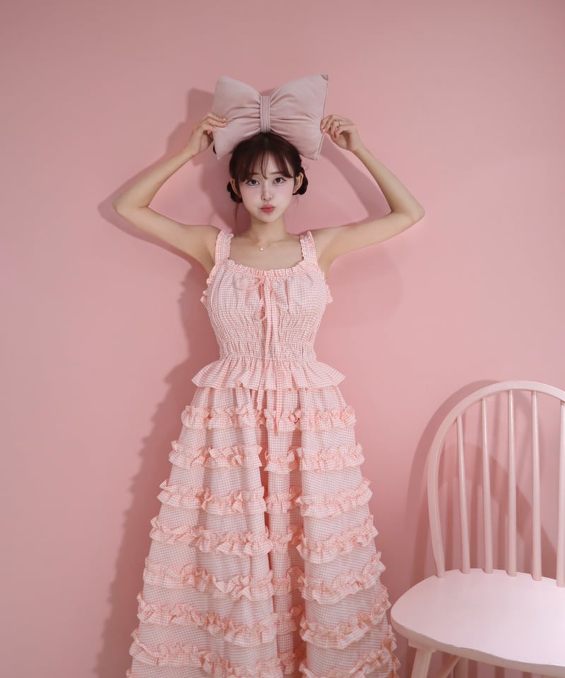 予約商品】LW Frill lined plaid cake dress (pink) |