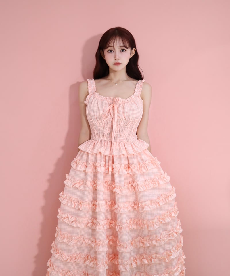 予約商品】LW Frill lined plaid cake dress (pink) |