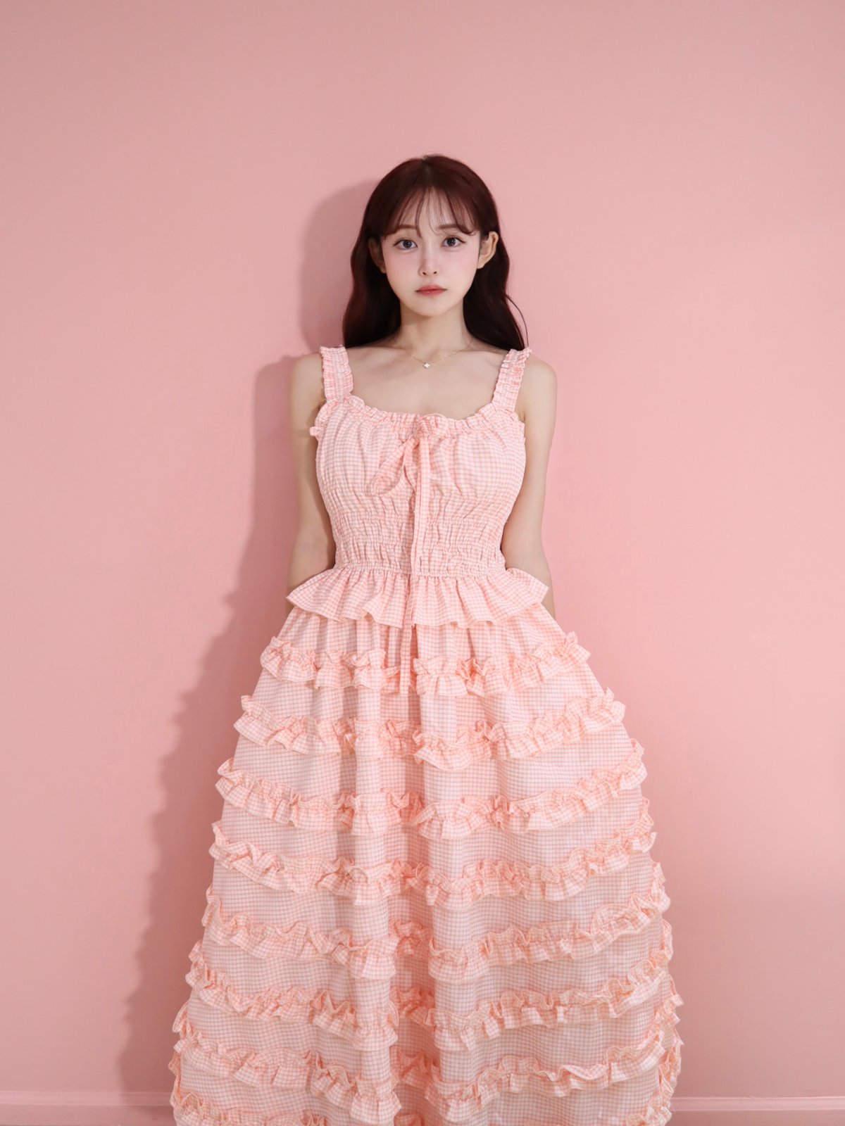 予約商品】LW Frill lined plaid cake dress (pink) |
