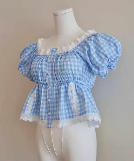 Candy gingham puff sleeve blouse (blue)