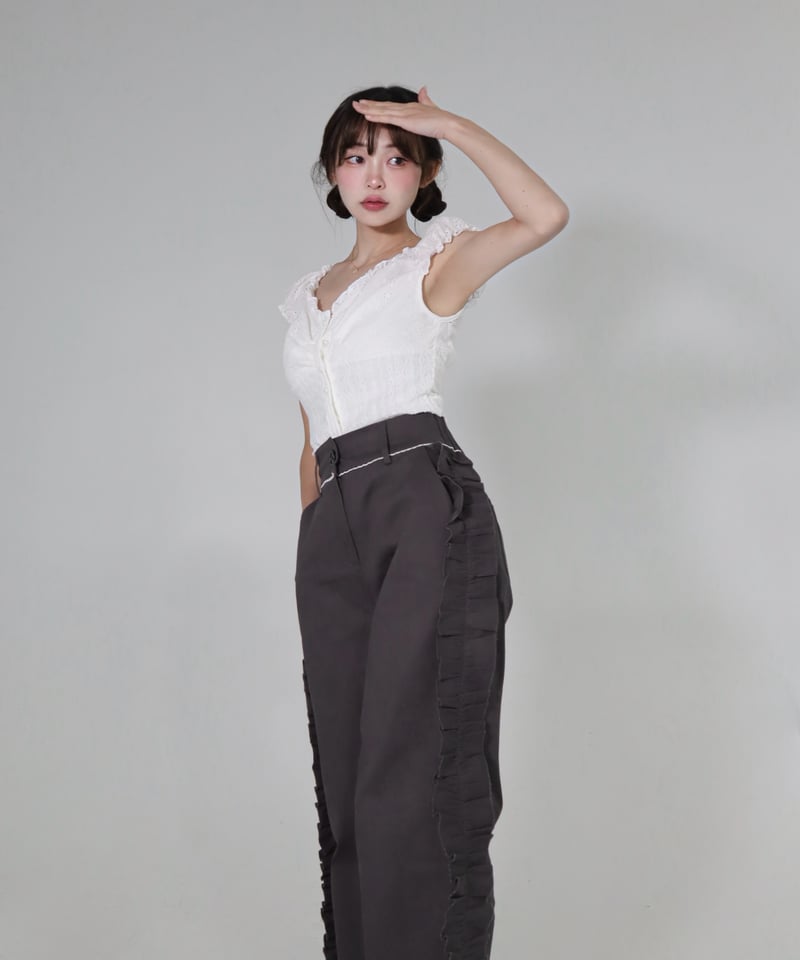 Side ruffle wide pants (grey) | Little World