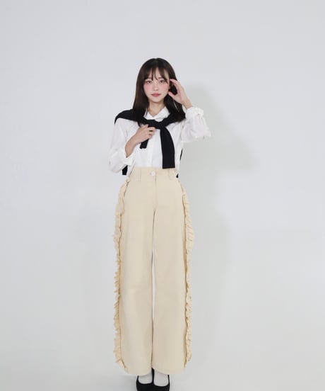 Side ruffle wide pants (beige)