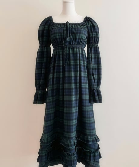 Puff sleeves royal tartan cotton dress