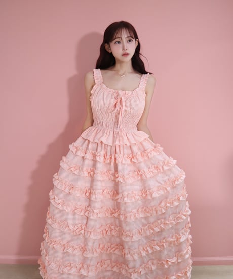 【予約商品】LW Frill lined plaid cake dress (pink)