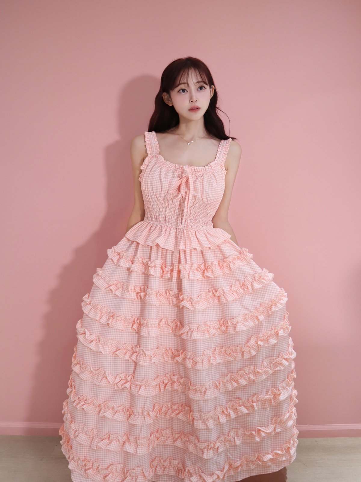 予約商品】LW Frill lined plaid cake dress (pink) |