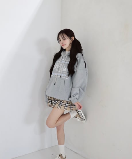 Oversized gingham logo hoodie (grey)