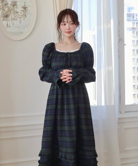 Puff sleeves royal tartan cotton dress
