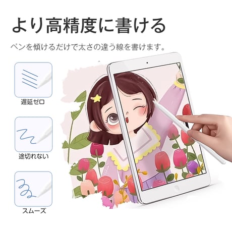 タッチペン iPad ペンシル スタイラスペン 極細 超高感度 高精度 電量表示 傾き感知 磁気吸着充電 途切れ/遅延/ズレ/誤動作防止 交換用ペン先付 2018年以降iPad用ペン 絵描き 1360