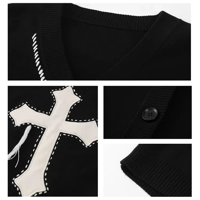 ニットカーディガン クロスデザイン 十字架 ブラック オーバーサイズ