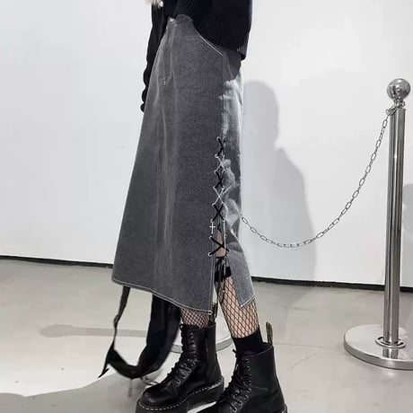 ミドルスカート レースアップ サイドスリット ロングスカート グレー