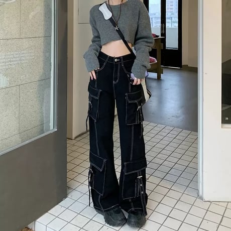 ステッチ ワイドパンツ カーゴパンツ ブラック ポケット ワークパンツ