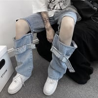 デニムパンツ 2way ベルトデザイン ブルー ジップ 膝出し ハーフパンツ ダメージ風 ルーズ ウォッシュ加工 韓国 ストリート