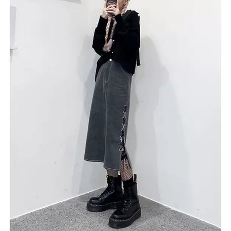 ミドルスカート レースアップ サイドスリット ロングスカート グレー