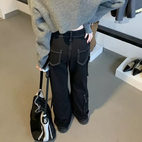 ステッチ ワイドパンツ カーゴパンツ ブラック ポケット ワークパンツ